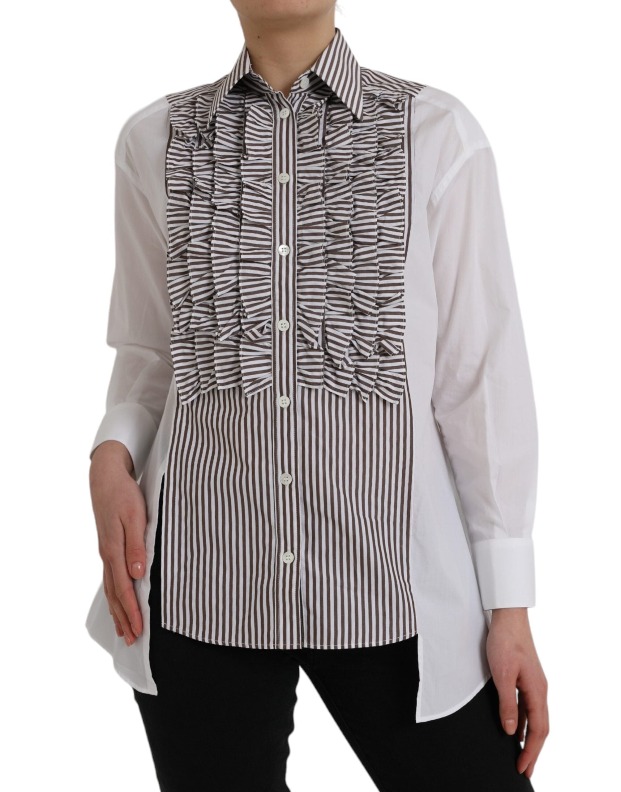 White striped cotton top with long sleeves and ruffled collar