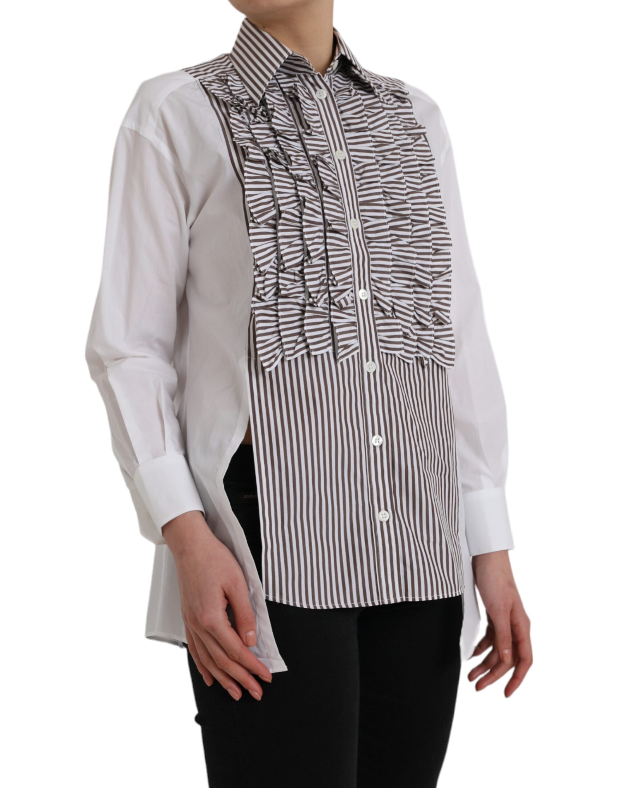 White striped cotton top with long sleeves and ruffled collar