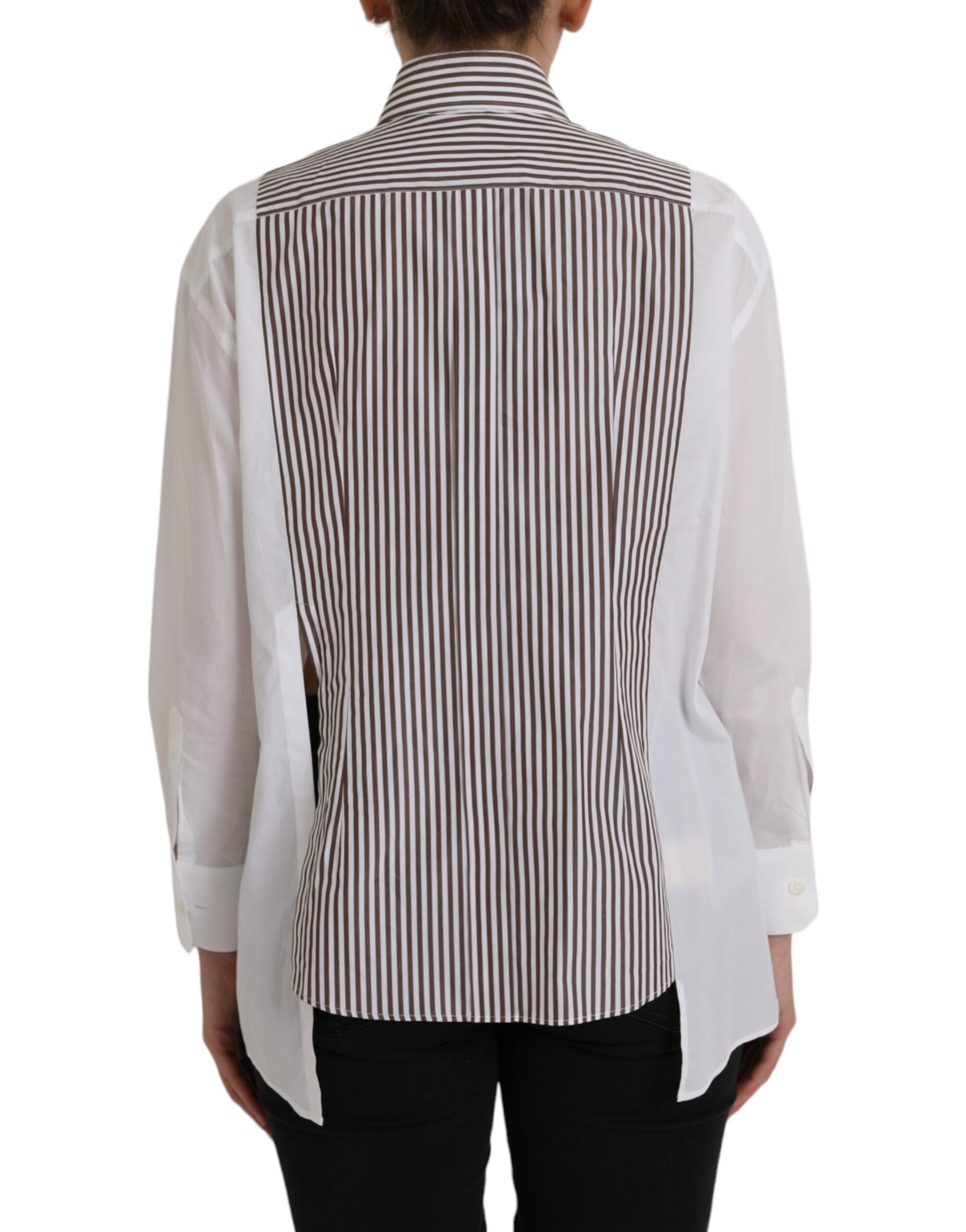 White striped cotton top with long sleeves and ruffled collar