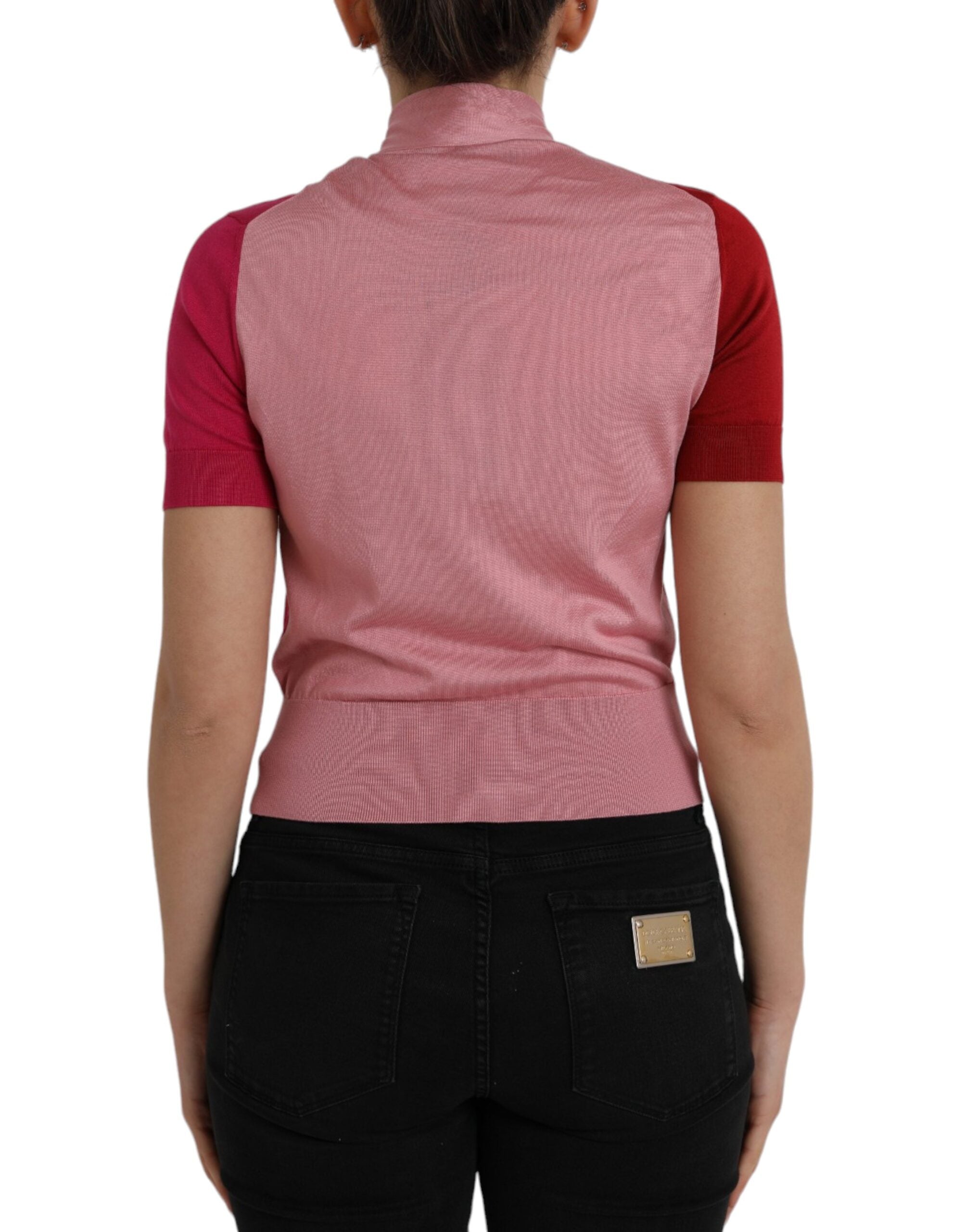 Pink short-sleeved sweater with ascot collar