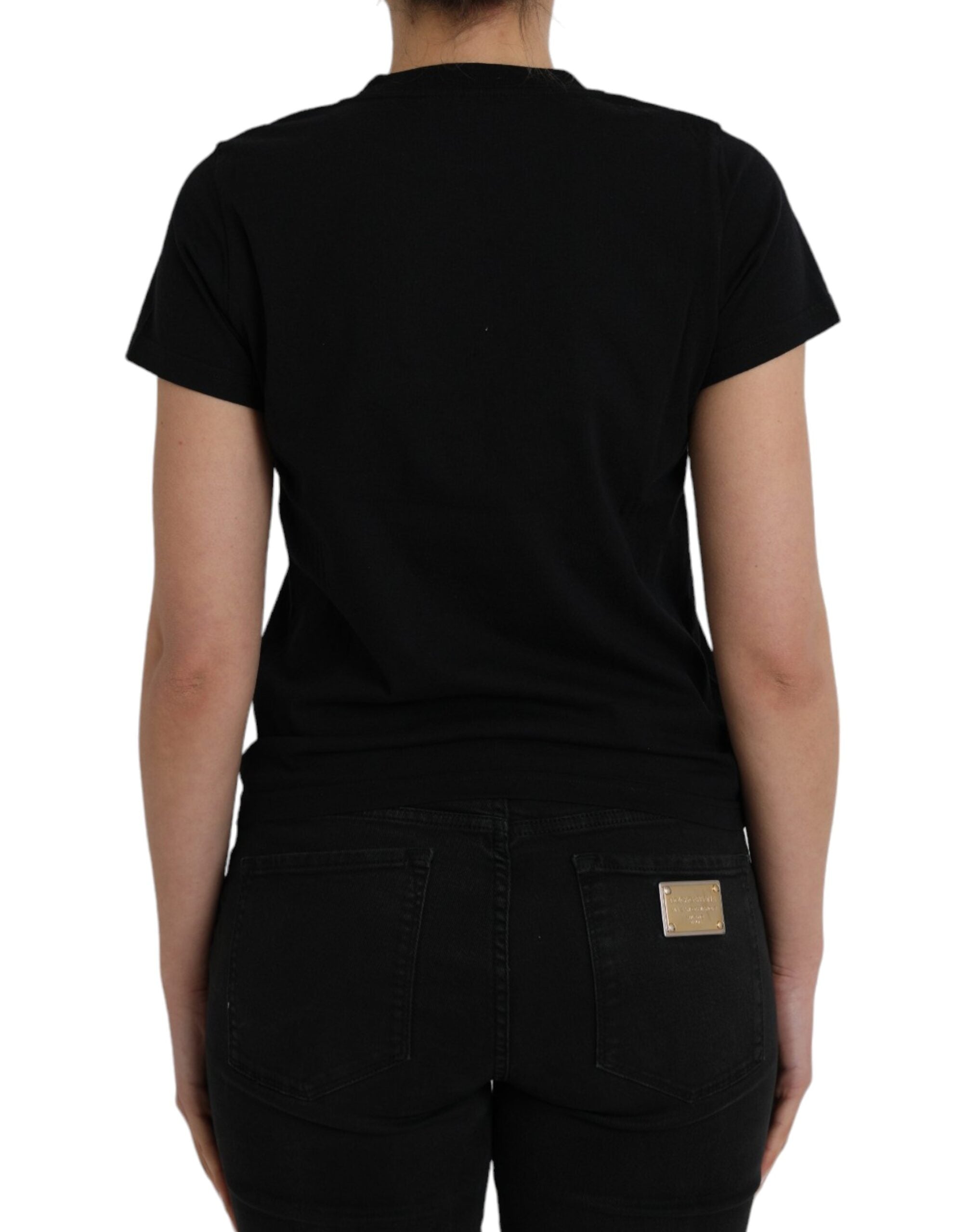 Black round-neck, short-sleeved cotton T-shirt with logo print