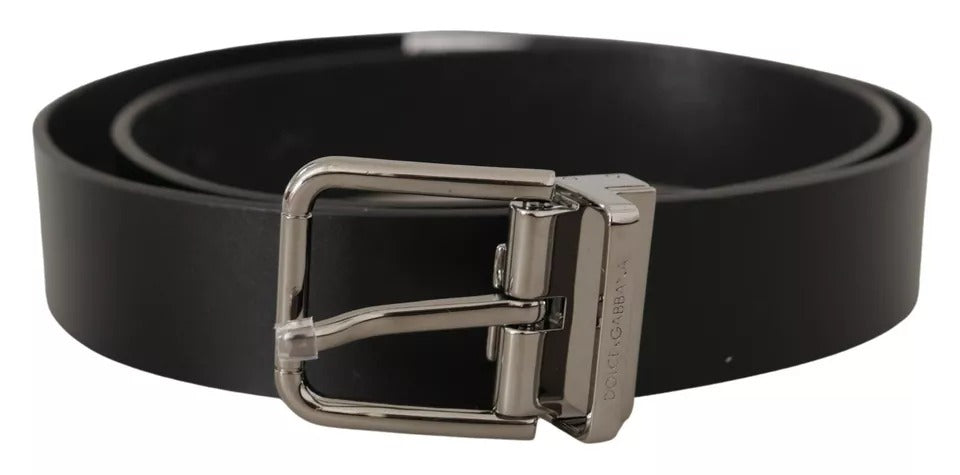 Black calfskin belt with engraved logo and metal buckle