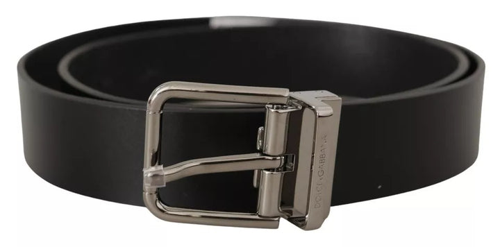 Black calfskin belt with engraved logo and metal buckle