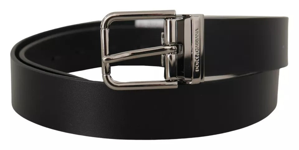 Black calfskin belt with engraved logo and metal buckle