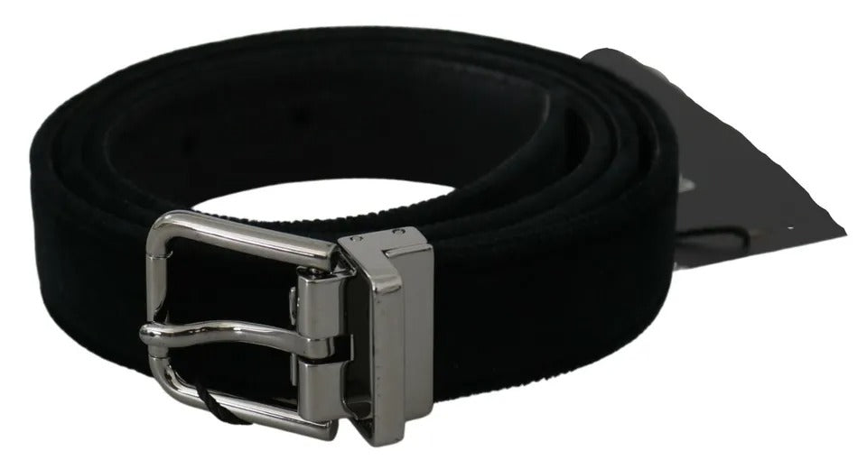 Black velvet leather belt with silver buckle