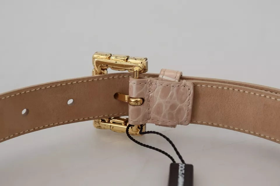 Beige leather crystal buckle women belt