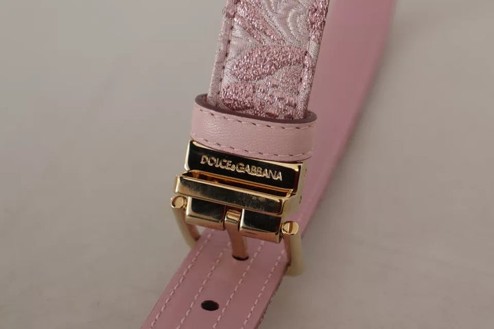 Pink jacquard embroidered belt with gold-colored metal buckle