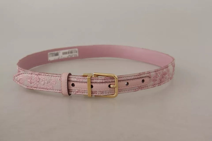 Pink jacquard embroidered belt with gold-colored metal buckle