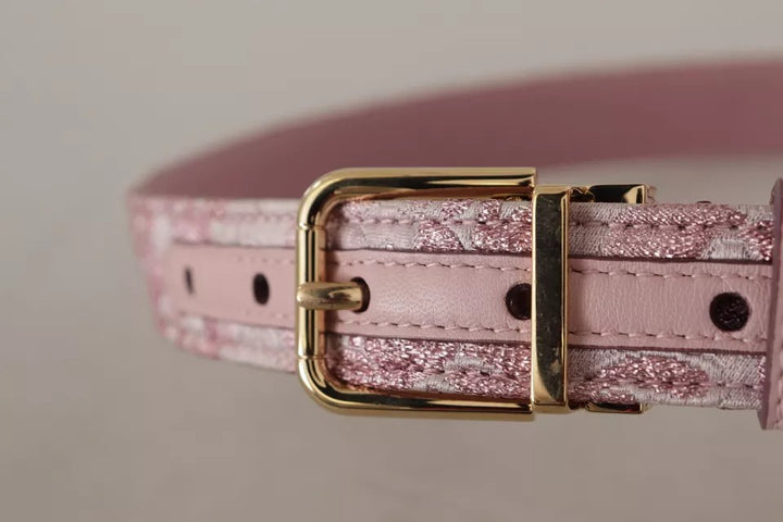 Pink jacquard embroidered belt with gold-colored metal buckle