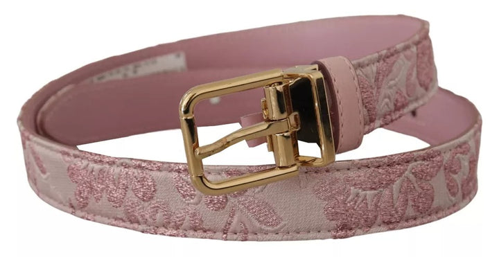 Pink jacquard embroidered belt with gold-colored metal buckle