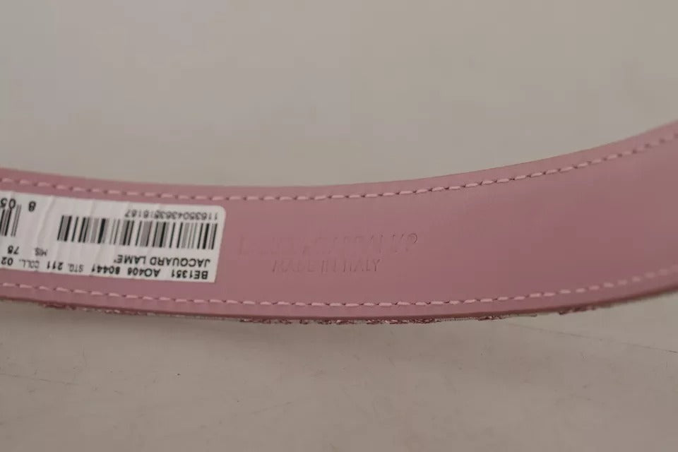 Pink jacquard embroidered belt with gold-colored metal buckle