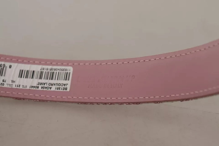 Pink jacquard embroidered belt with gold-colored metal buckle