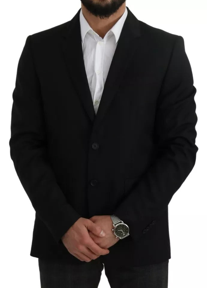 Black wool blazer with slim fit and notch