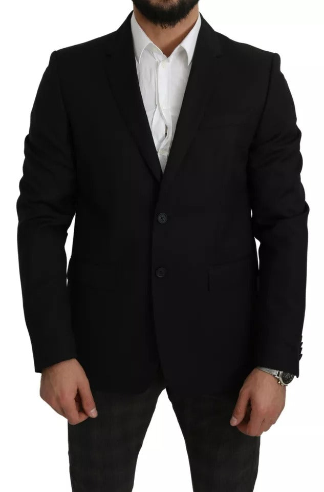 Black wool blazer with slim fit and notch