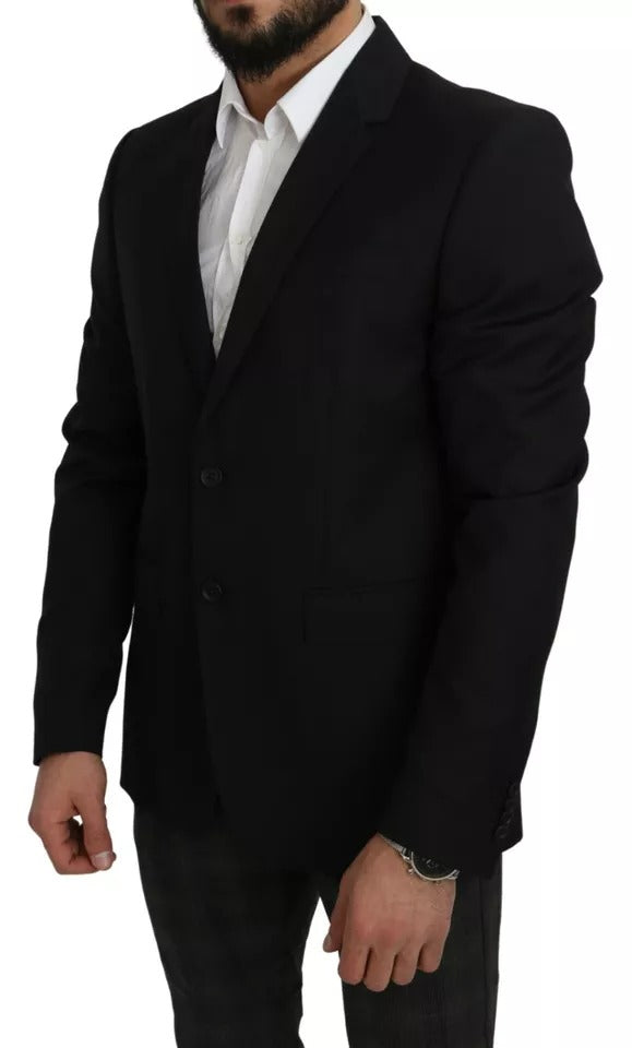 Black wool blazer with slim fit and notch