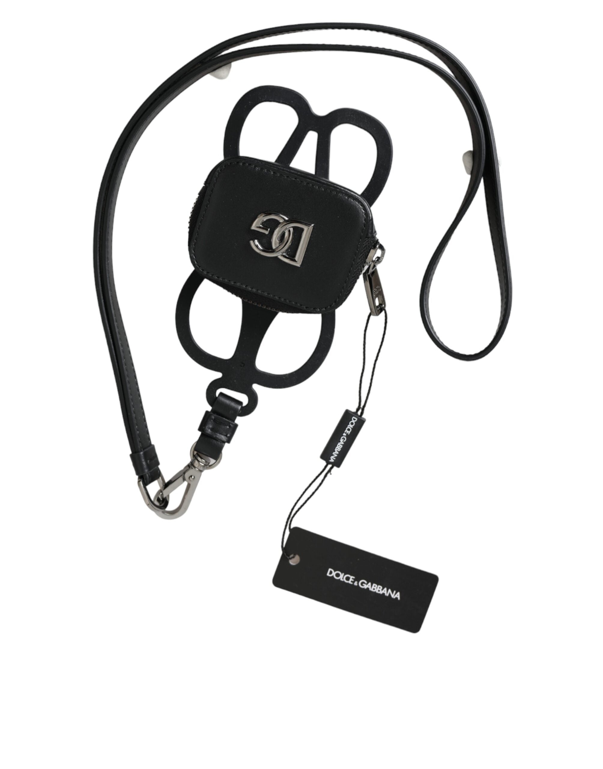 Schwarzes Kalbsleder DG Logo Münzgeldbörse Lanyard Wallet