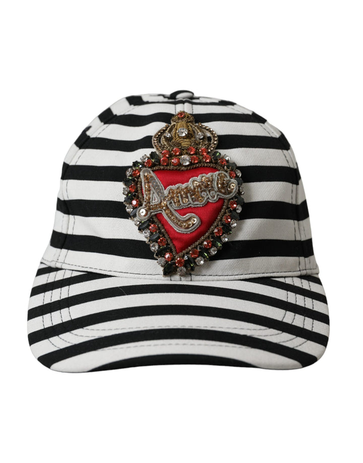 Black White Stripe Amore Heart Applique Baseball Cap