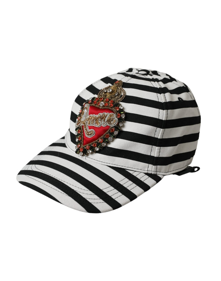 Black White Stripe Amore Heart Applique Baseball Cap