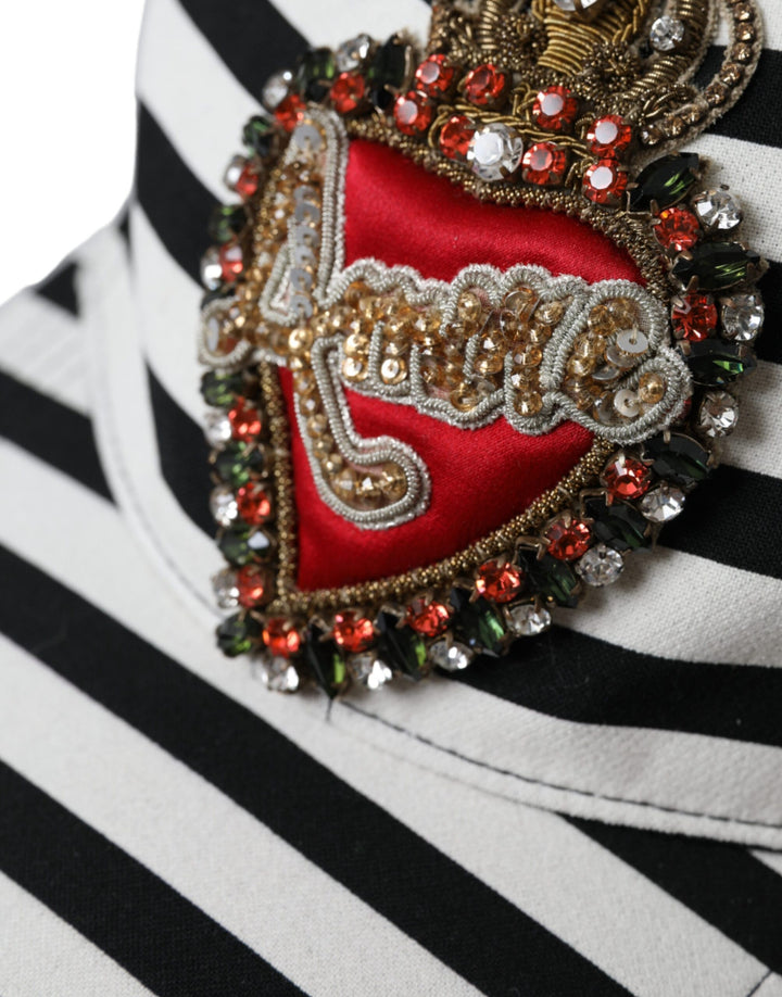 Black White Stripe Amore Heart Applique Baseball Cap