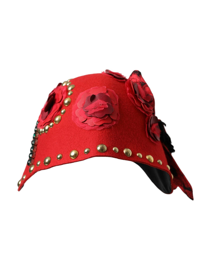 Red Crystal Gold Rose Brooch Embellished Hat