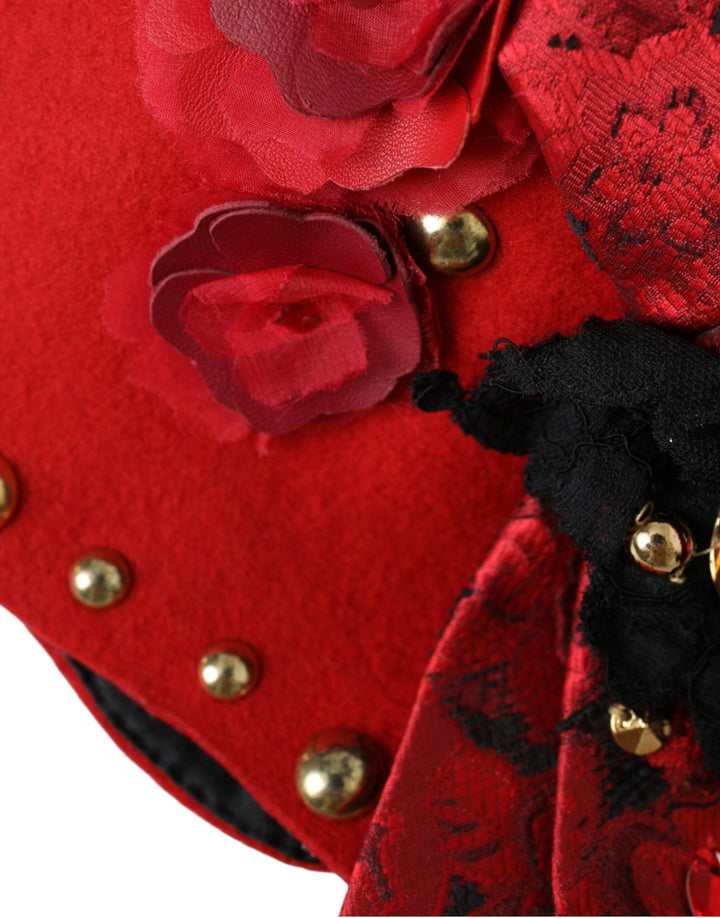 Red Crystal Gold Rose Brooch Embellished Hat
