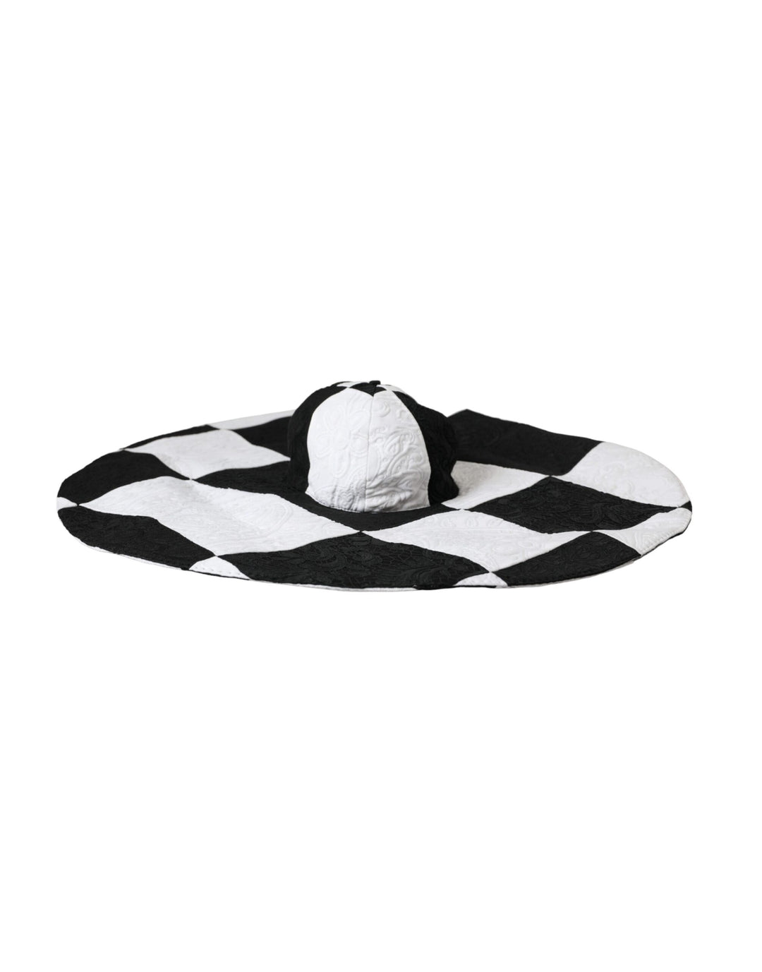 Black and white checked floppy hat with a wide brim