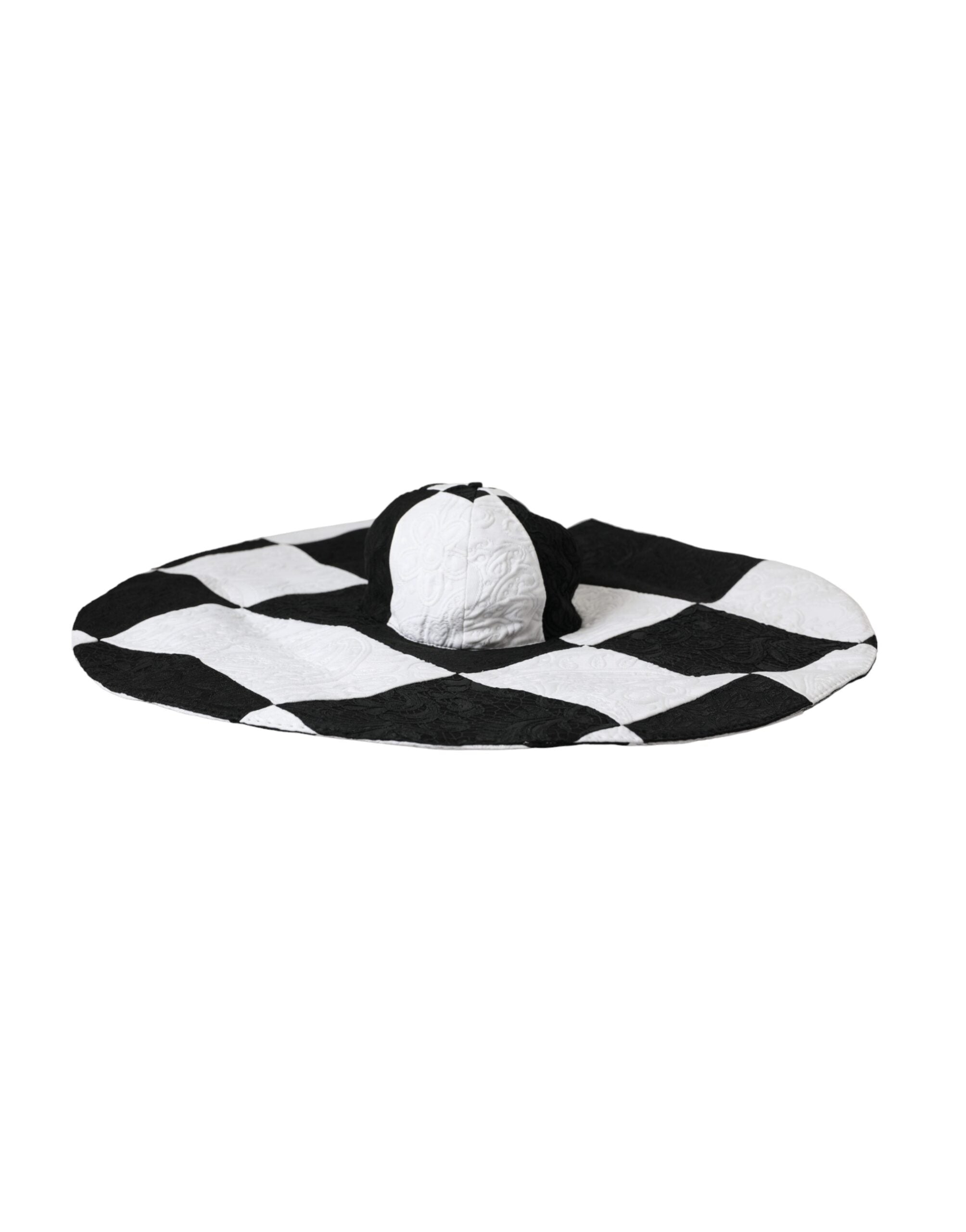 Black and white checked floppy hat with a wide brim