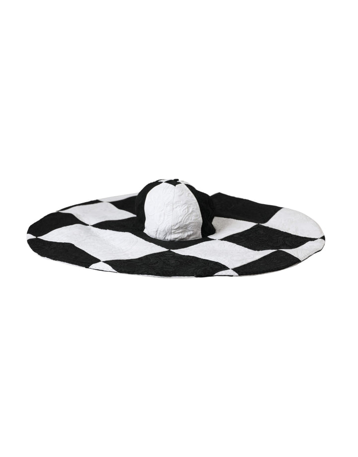 Black and white checked floppy hat with a wide brim