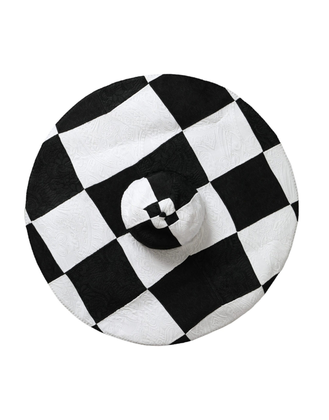 Black and white checked floppy hat with a wide brim