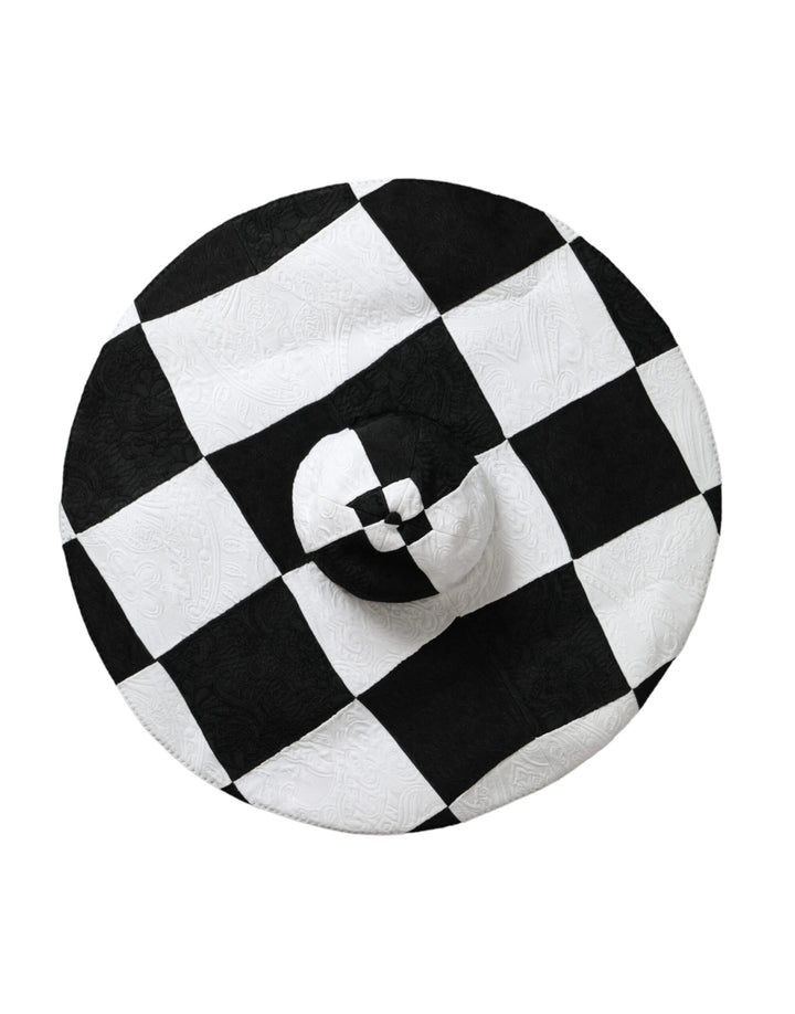 Black and white checked floppy hat with a wide brim