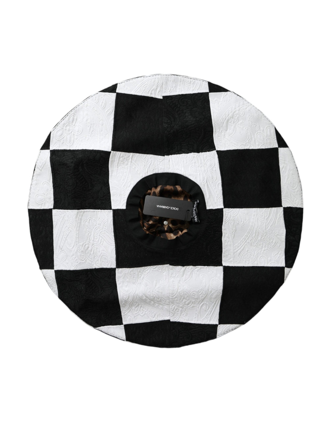 Black and white checked floppy hat with a wide brim