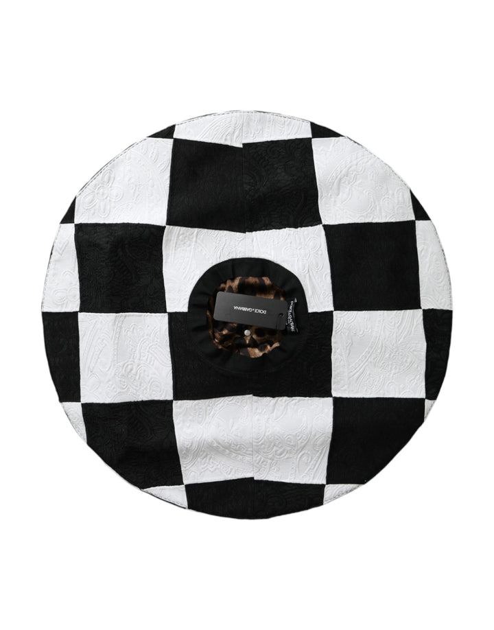 Black and white checked floppy hat with a wide brim