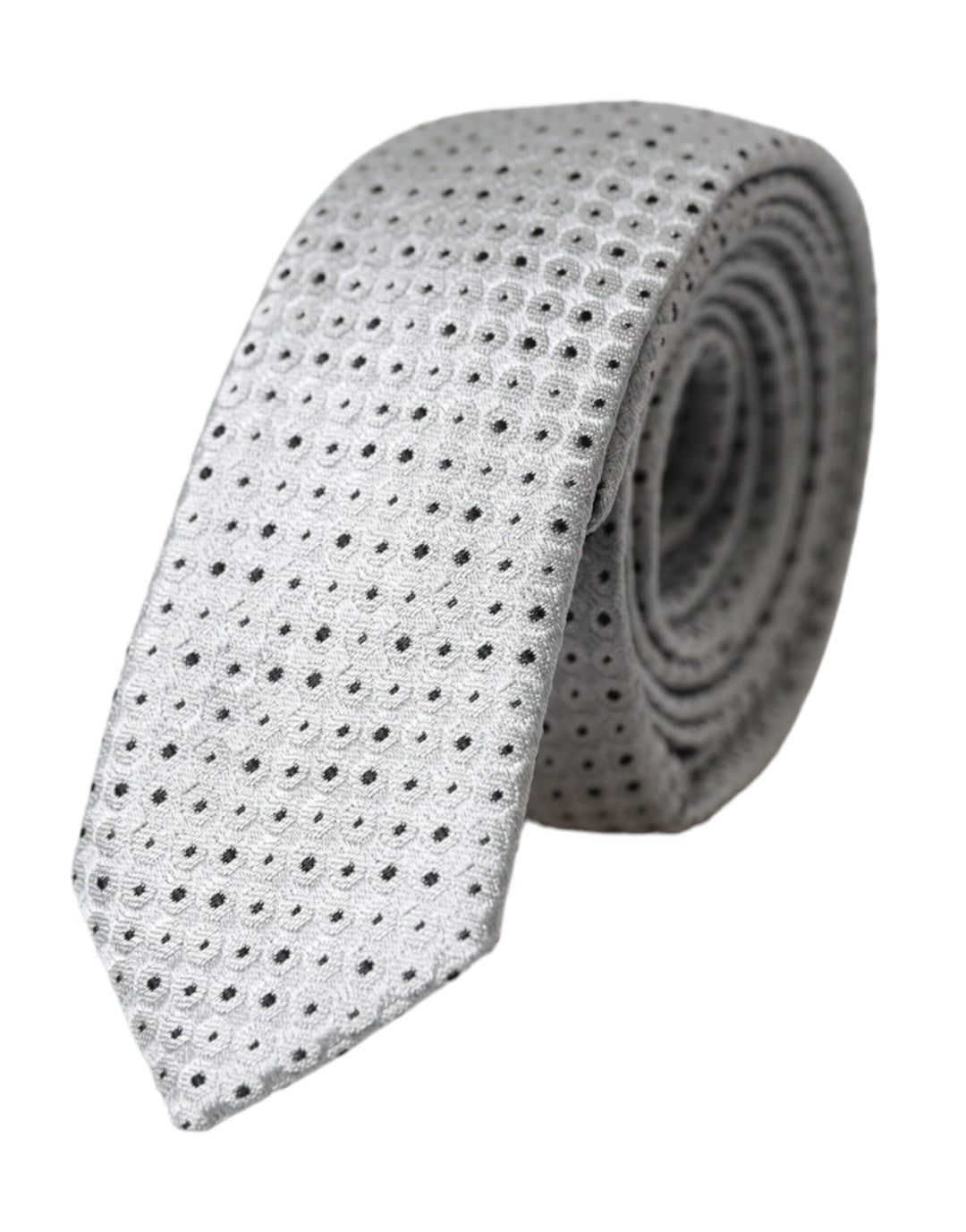 Light grey dotted silk tie for men, adjustable