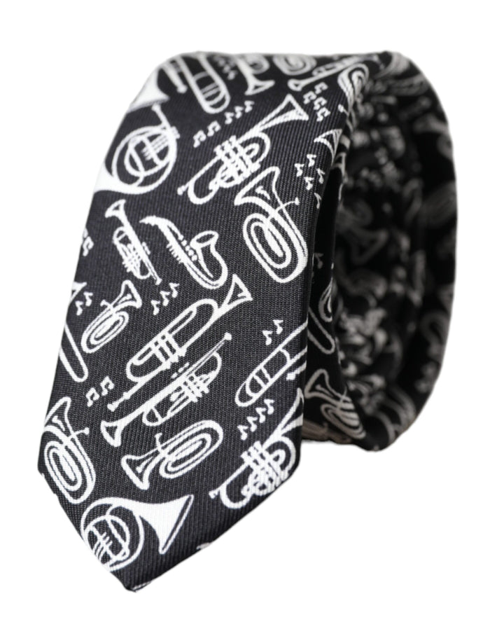 Black silk tie with trumpet print, adjustable