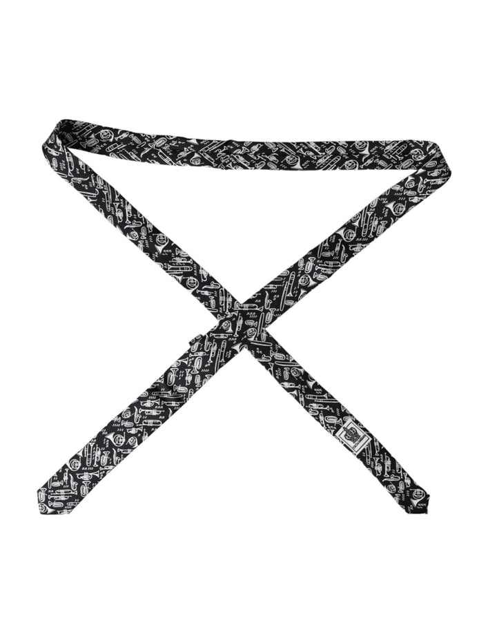 Black silk tie with trumpet print, adjustable