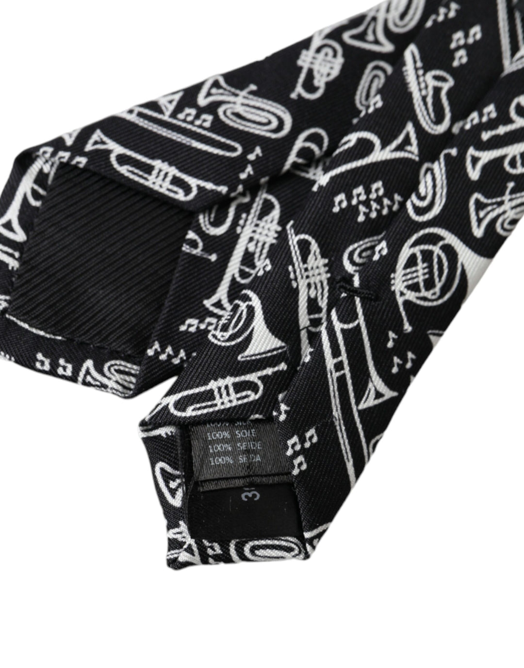 Black silk tie with trumpet print, adjustable