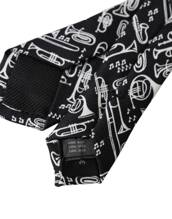 Black silk tie with trumpet print, adjustable