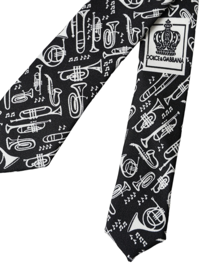 Black silk tie with trumpet print, adjustable