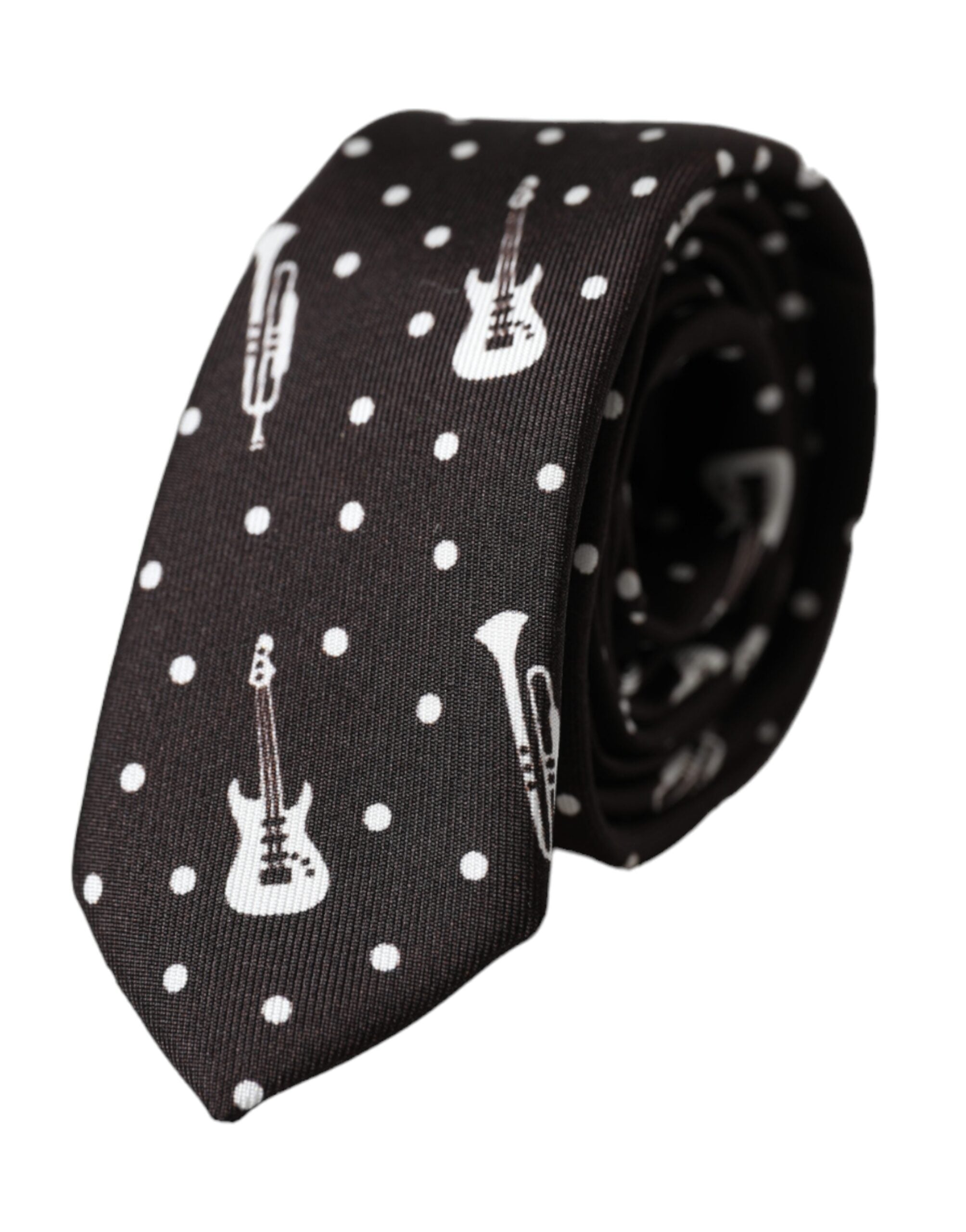 Black silk tie with guitar motif, adjustable
