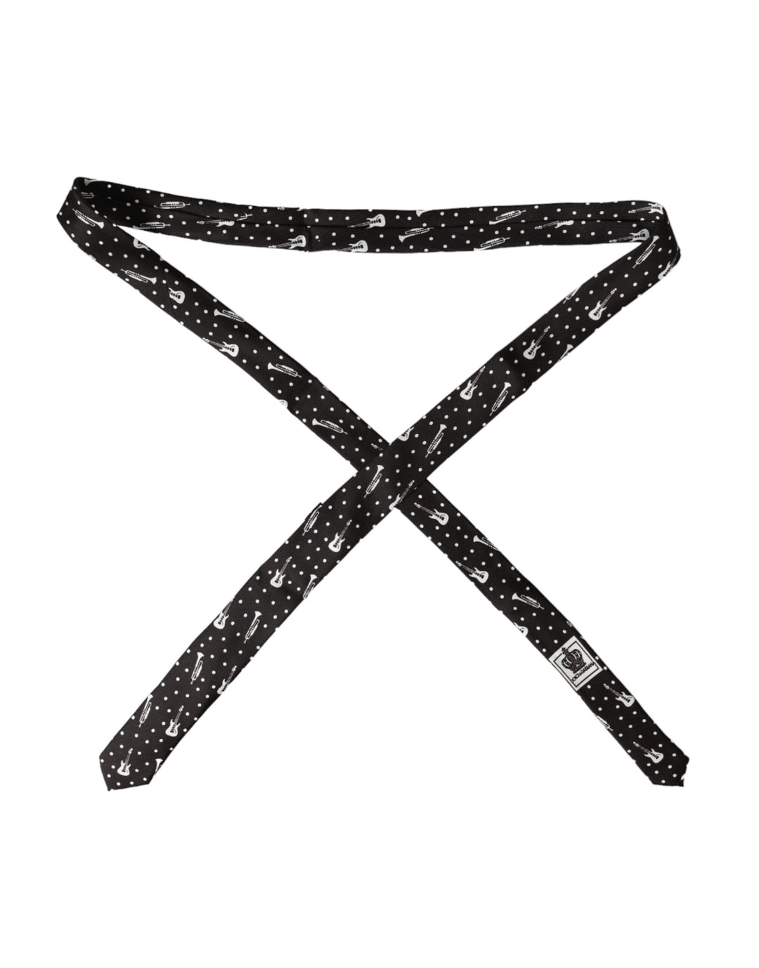 Black silk tie with guitar motif, adjustable
