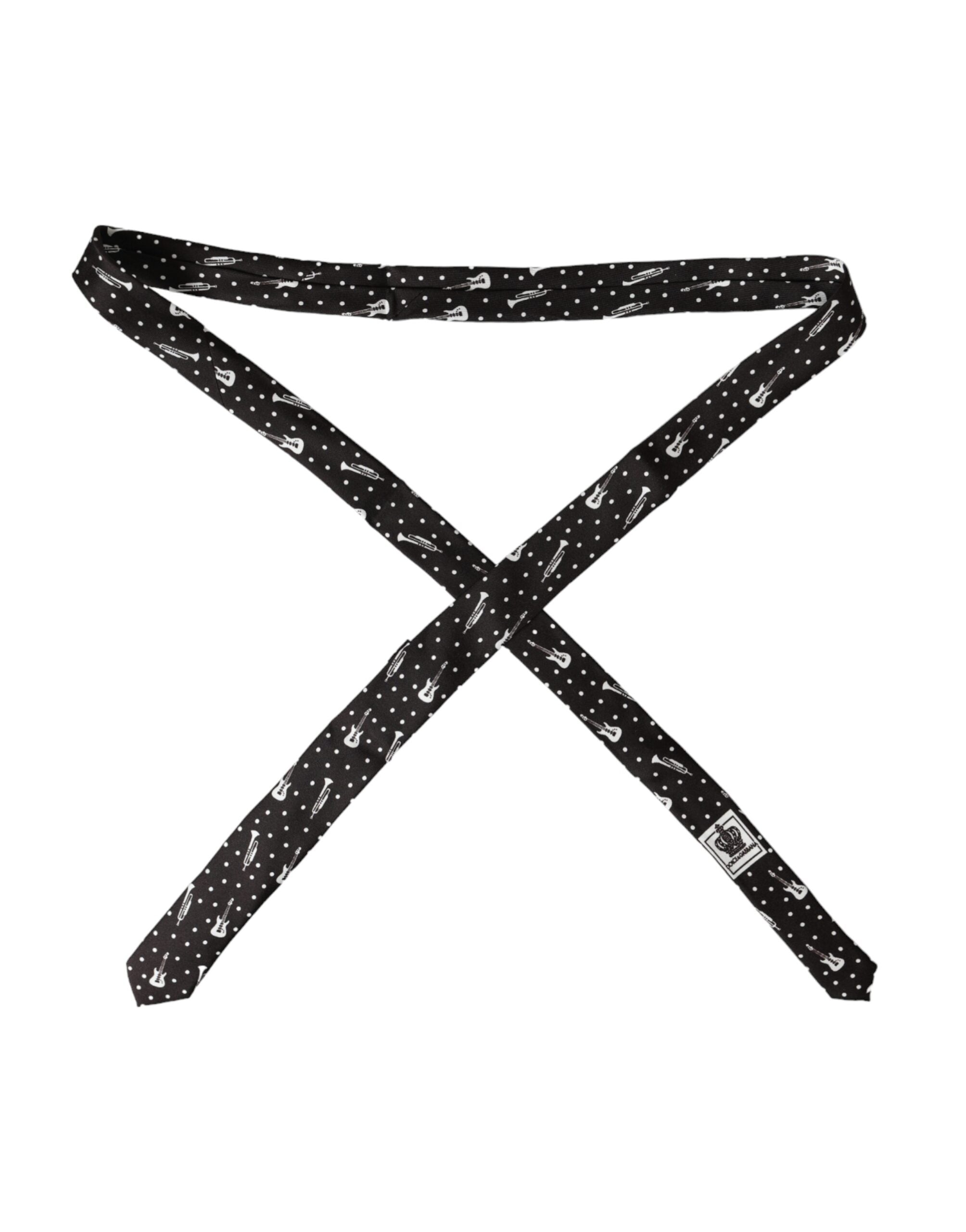 Black silk tie with guitar motif, adjustable