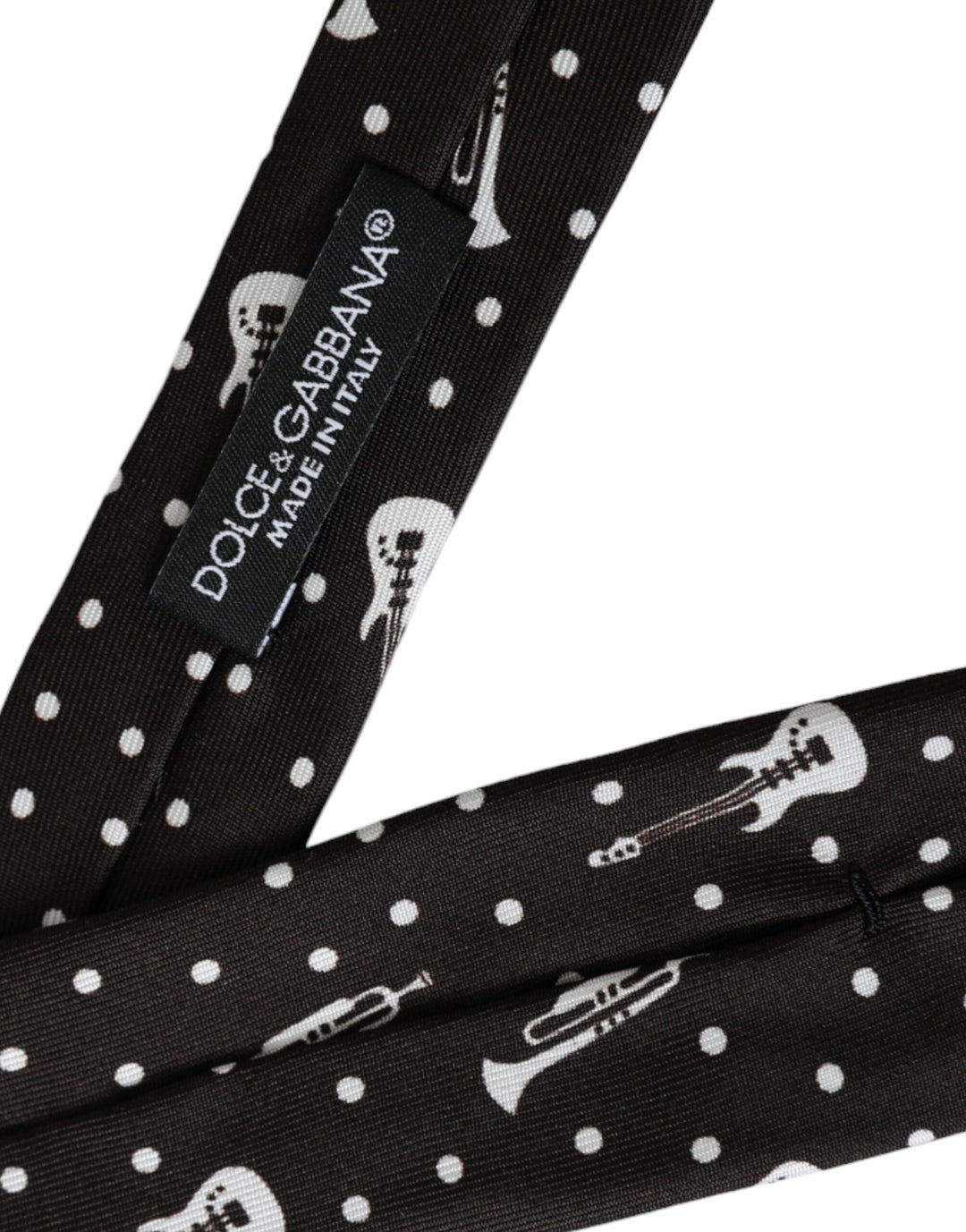 Black silk tie with guitar motif, adjustable