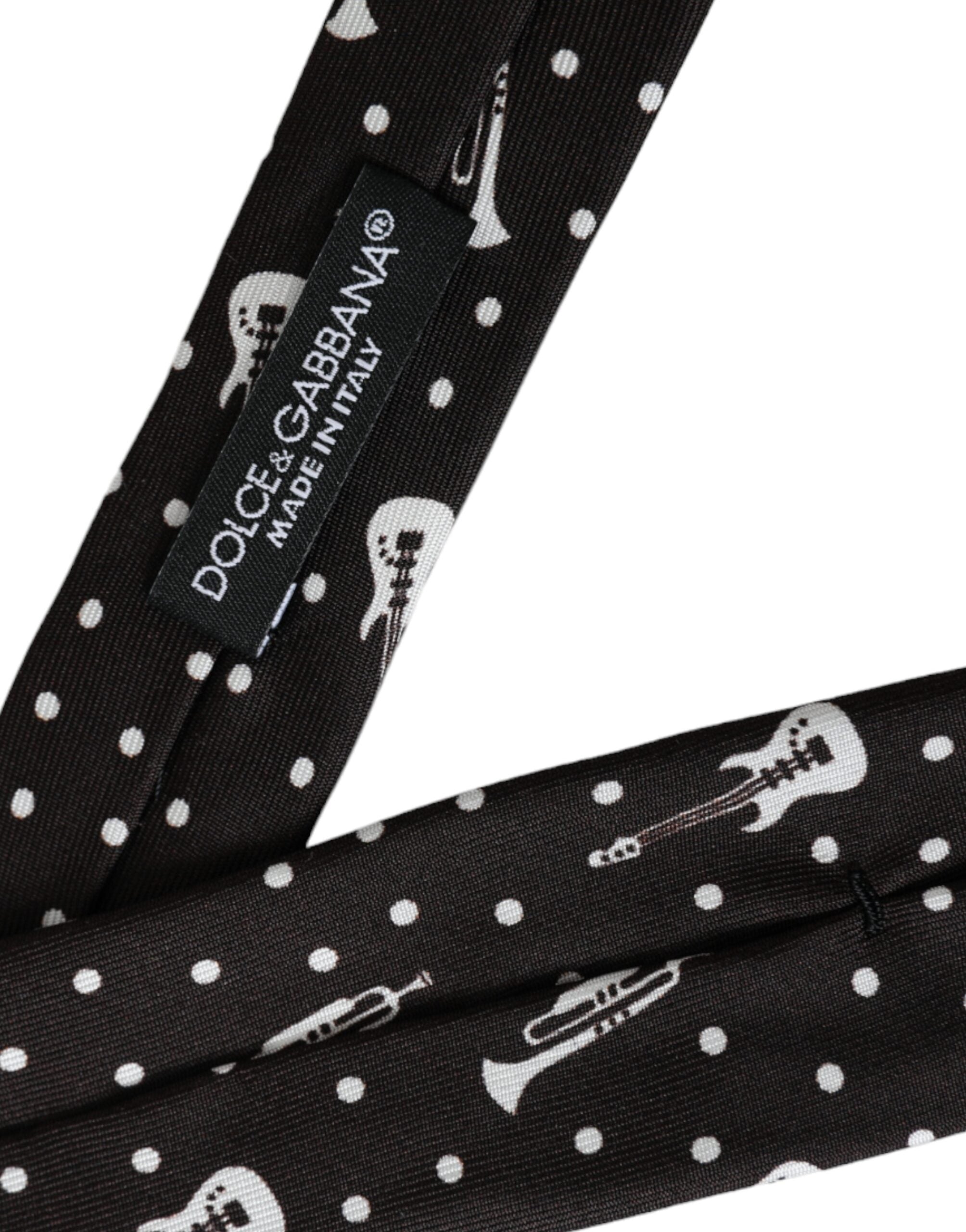 Black silk tie with guitar motif, adjustable