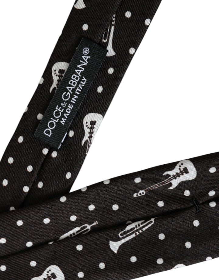 Black silk tie with guitar motif, adjustable