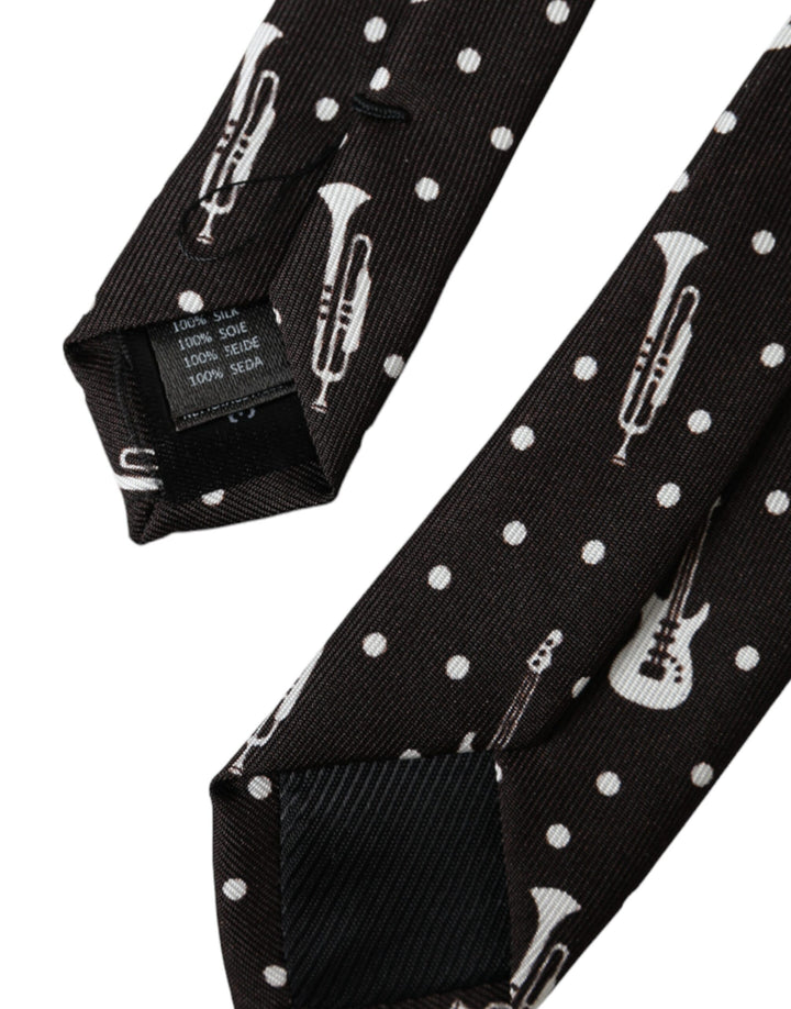 Black silk tie with guitar motif, adjustable