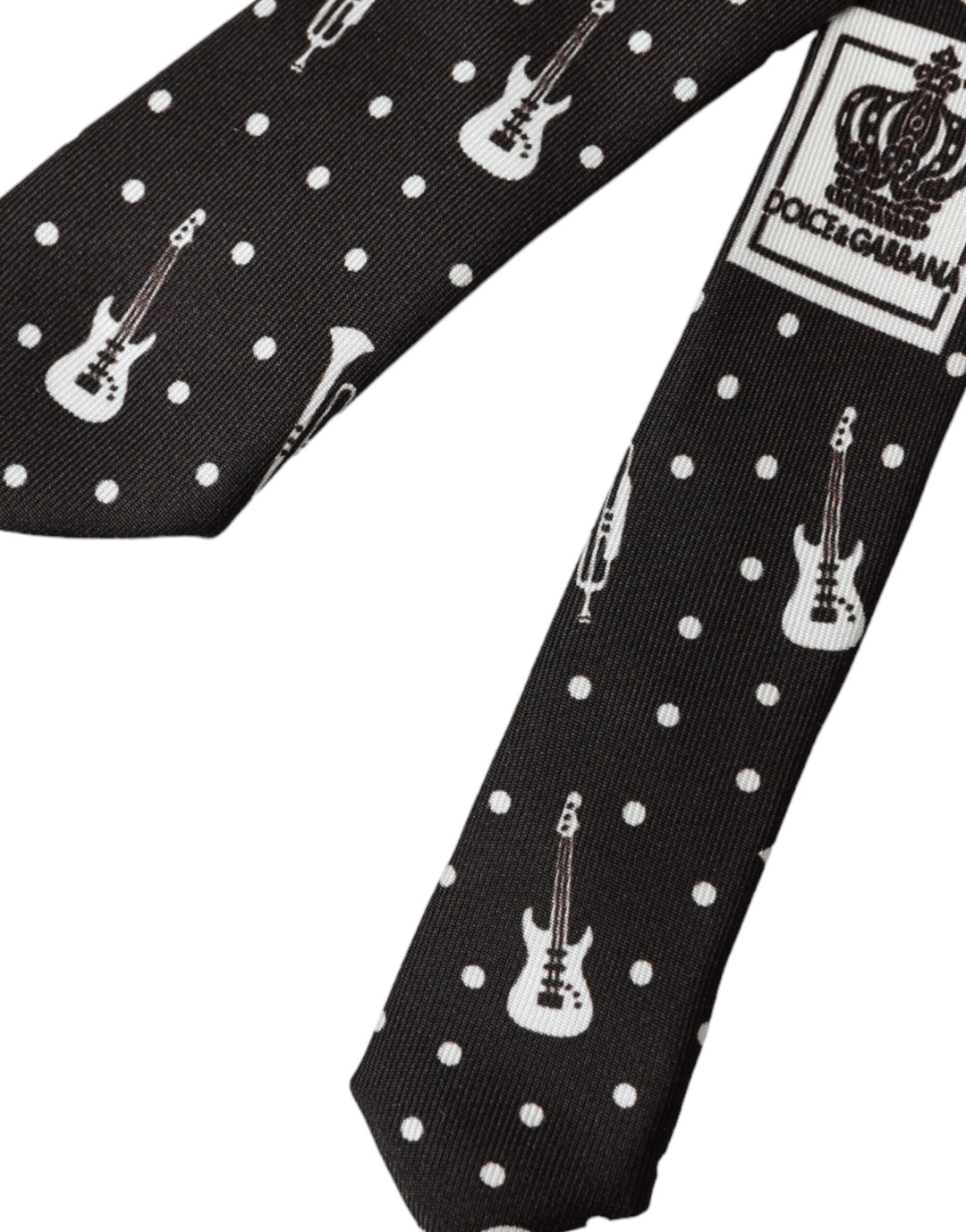 Black silk tie with guitar motif, adjustable