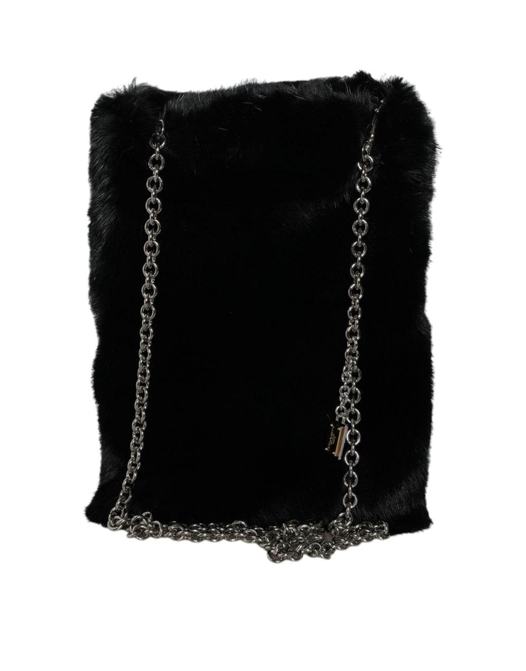 Black Faux Fur Silver Chain Crossbody Shoulder Bag Handbag