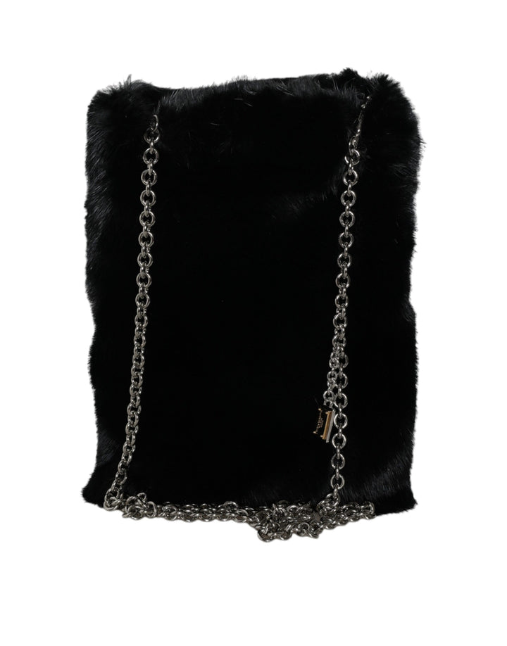 Black Faux Fur Silver Chain Crossbody Shoulder Bag Handbag