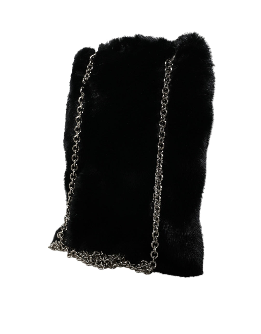 Black Faux Fur Silver Chain Crossbody Shoulder Bag Handbag