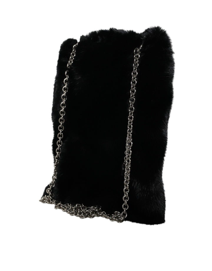 Black Faux Fur Silver Chain Crossbody Shoulder Bag Handbag